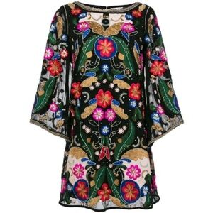 Alice + Olivia Eleonora poet sleeve embroidered cocktail dress L